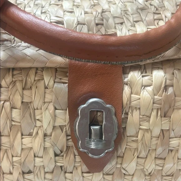 Woven Straw Tote Bag with Brown Leather Trim and Floral Accents -Acapulco - Picture 7 of 13